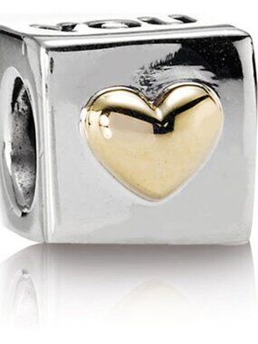 PANDORA I Love You Charm Authentic Sterling Silver 14K Gold Cube Romance Heart